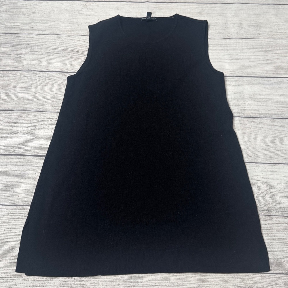Eileen Fisher Sleeveless Tunic‎ Sweater Fine Knit 100% Wool XS Split Side Black